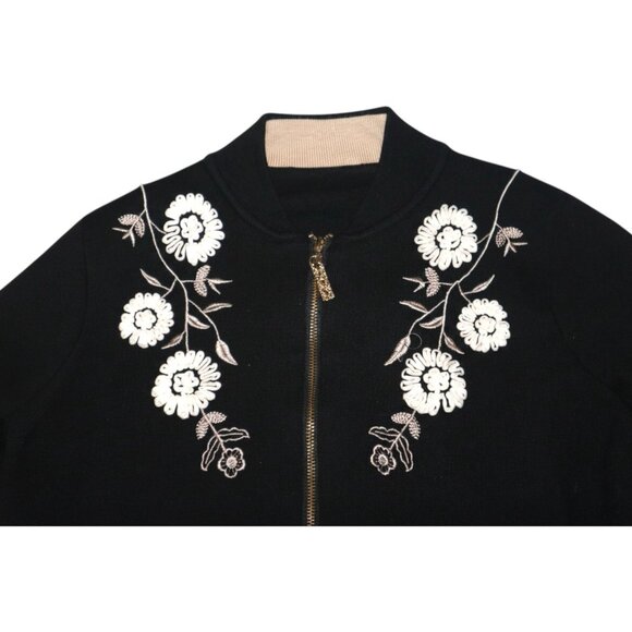 Floral Embroidered Zip Cardigan Black Bomber Grannycore Soft Classic - Picture 2 of 9